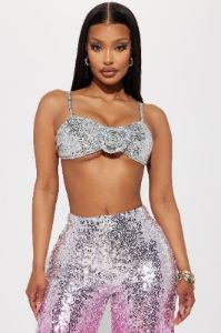 On The Town Sequin Bra Top - Silver sold by Fashion Nova