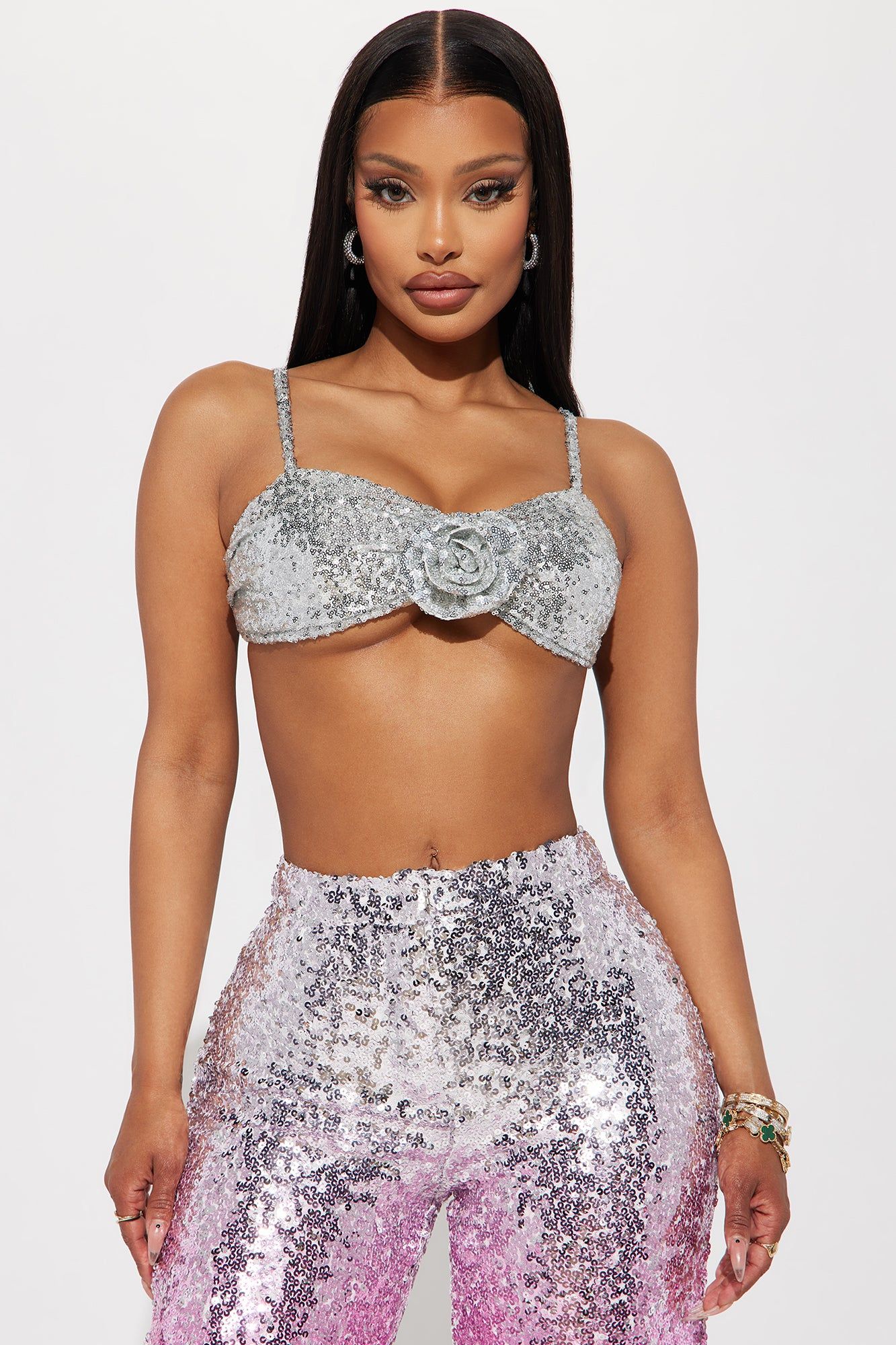On The Town Sequin Bra Top - Silver sold by Fashion Nova