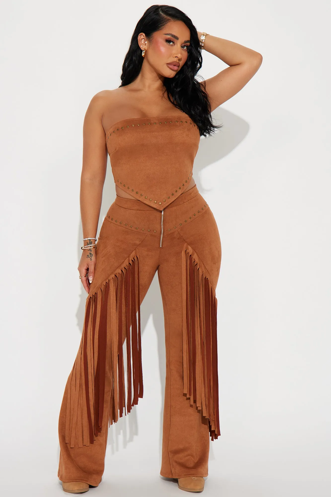 Jolene Faux Suede Fringe Pant Set - Camel sold by Fashion Nova