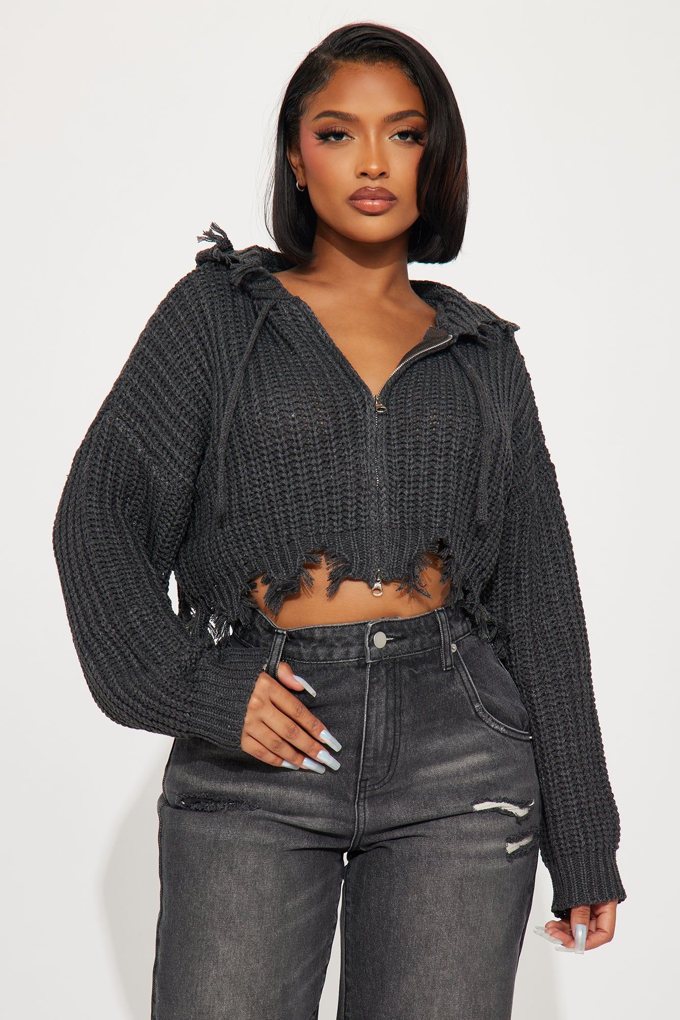 Emery Distressed Cardigan Sweater - Charcoal sold by Fashion Nova
