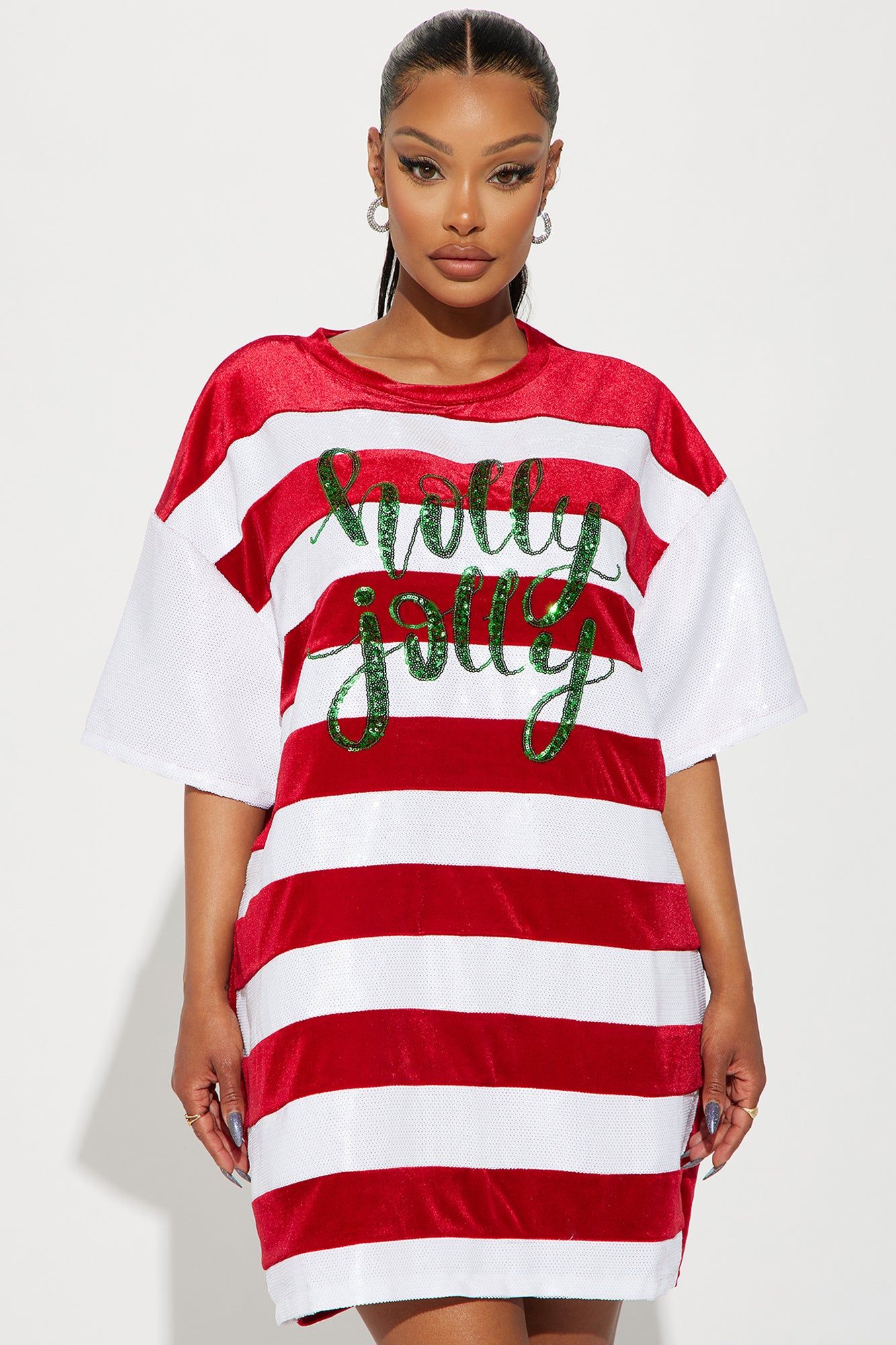 holly jolly sequin dress Holly Jolly Sequin T-Shirt Dress - Red/White