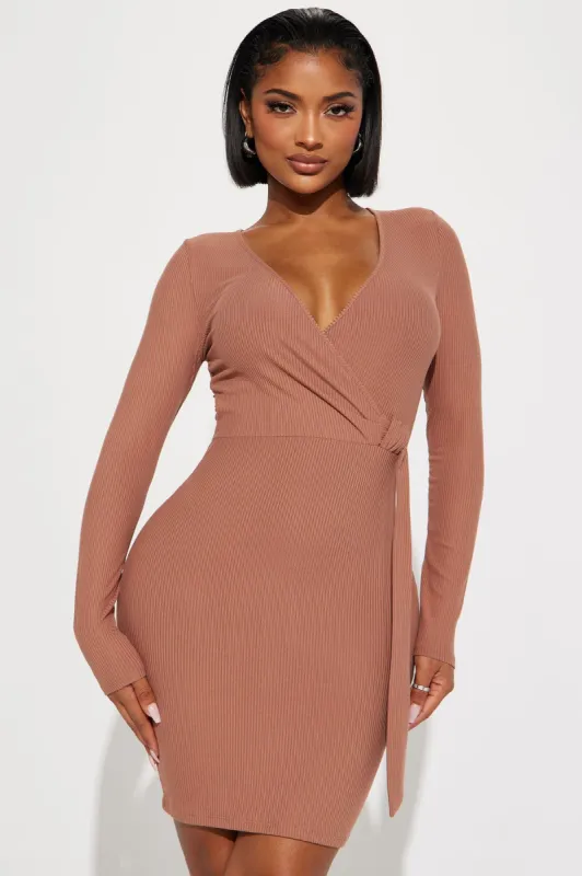Olivia Wrap Mini Dress - Mocha sold by Fashion Nova