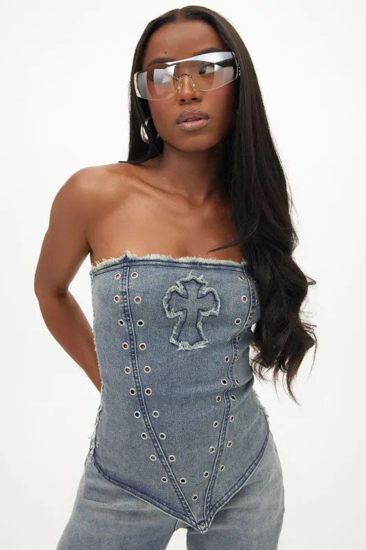 Cross Your Heart Denim Corset Top - Medium Wash sold by Fashion Nova