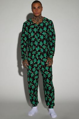Rockin' Around The Christmas Tree Holiday PJ Onesie - Green/combo sold by Fashion Nova