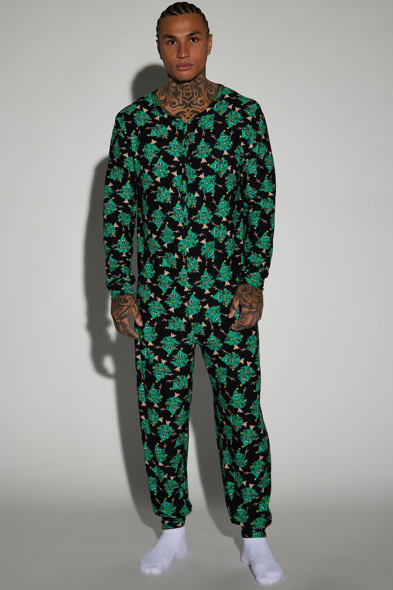 Rockin' Around The Christmas Tree Holiday PJ Onesie - Green/combo sold by Fashion Nova