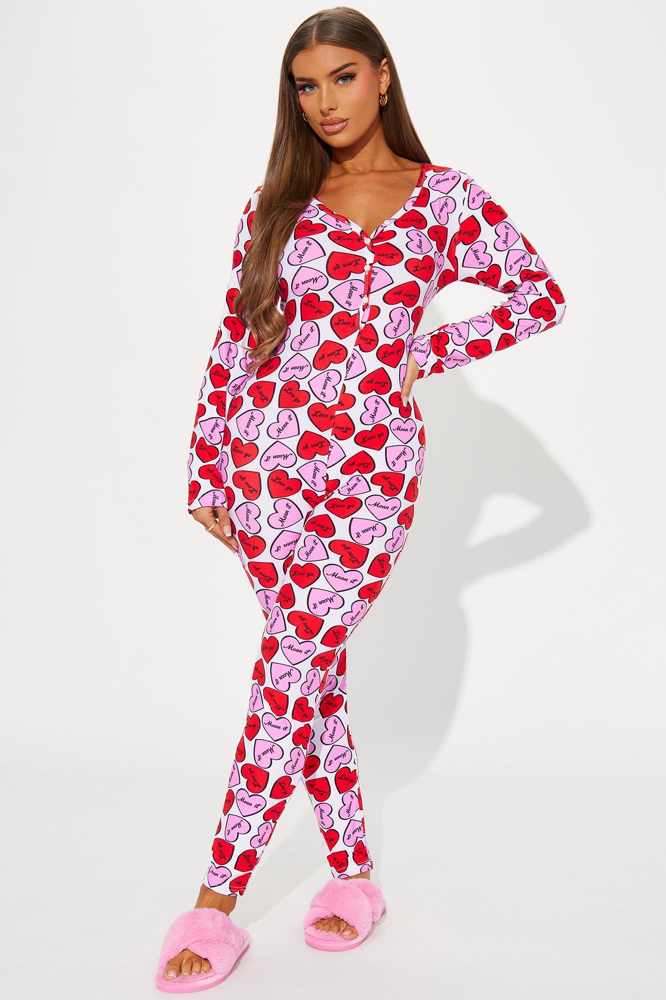 Sweet Hearts PJ Jumpsuit Onesie - Hot Pink/combo sold by Fashion Nova