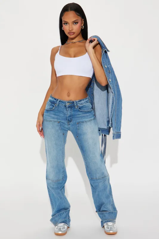 Catch Feelings Utility Stretch Straight Leg Jeans - Medium Wash sold by Fashion Nova