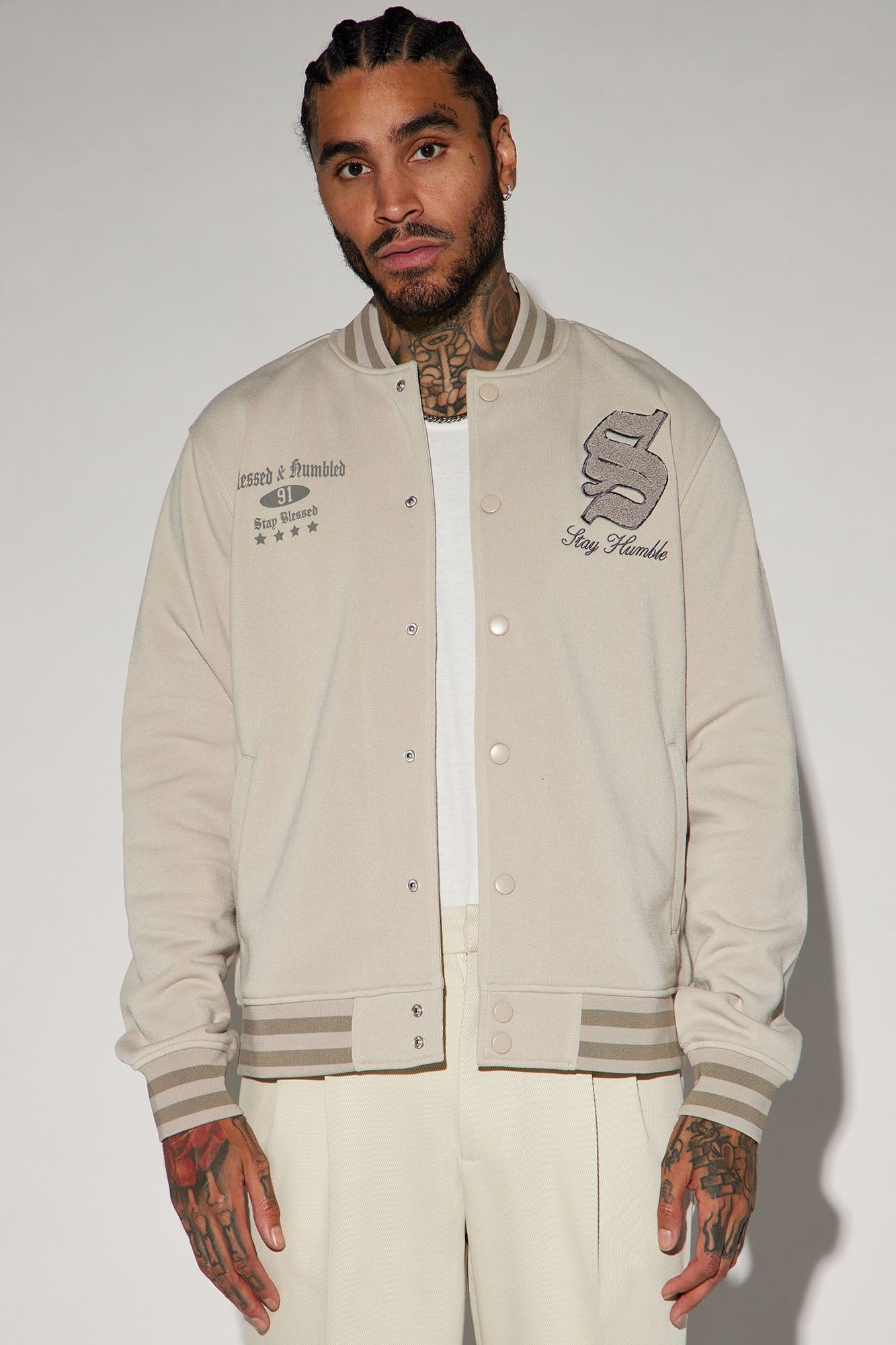 Stay Humble Varsity Jacket - Sand sold by Fashion Nova