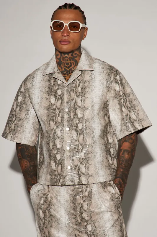 Cage's Faux Python Leather Cropped Button Up Shirt - Cream/combo sold by Fashion Nova