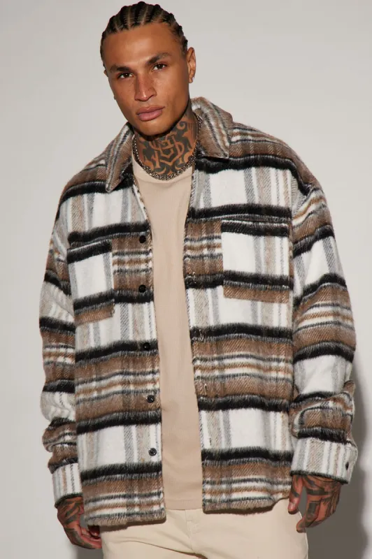 Move Up Plaid Shacket - Taupe/combo sold by Fashion Nova