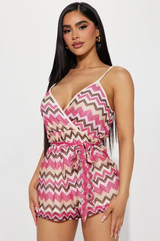 Carolina Crochet Romper - Pink/combo sold by Fashion Nova