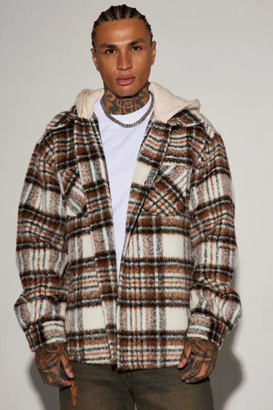 Rainier Mohair Hooded Shacket - Brown/combo sold by Fashion Nova