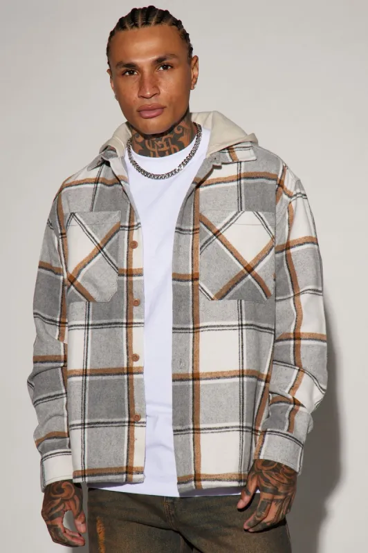 Take It Hooded Flannel Shacket - Grey/combo sold by Fashion Nova