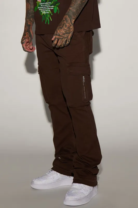 Affection Stacked Skinny Flare Cargo Pants - Brown sold by Fashion Nova