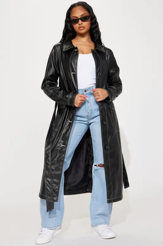 Can't Get You Off My Mind Faux Leather Trench Coat - Black sold by Fashion Nova