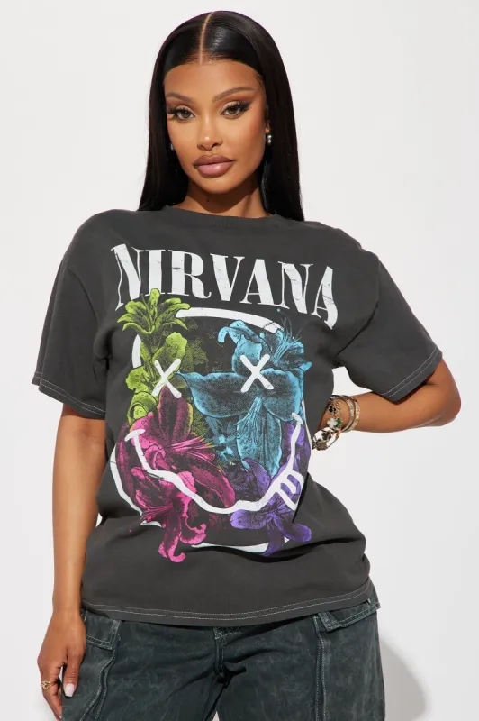 Nirvana Rainbow Floral Smiley Tee - Black Wash sold by Fashion Nova