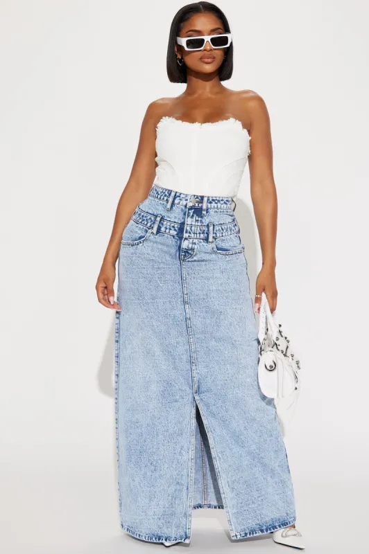 Miss Thing Denim Maxi Skirt - Light Wash sold by Fashion Nova