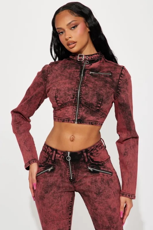 The Fast Lane Stretch Denim Moto Jacket - Red/Black sold by Fashion Nova