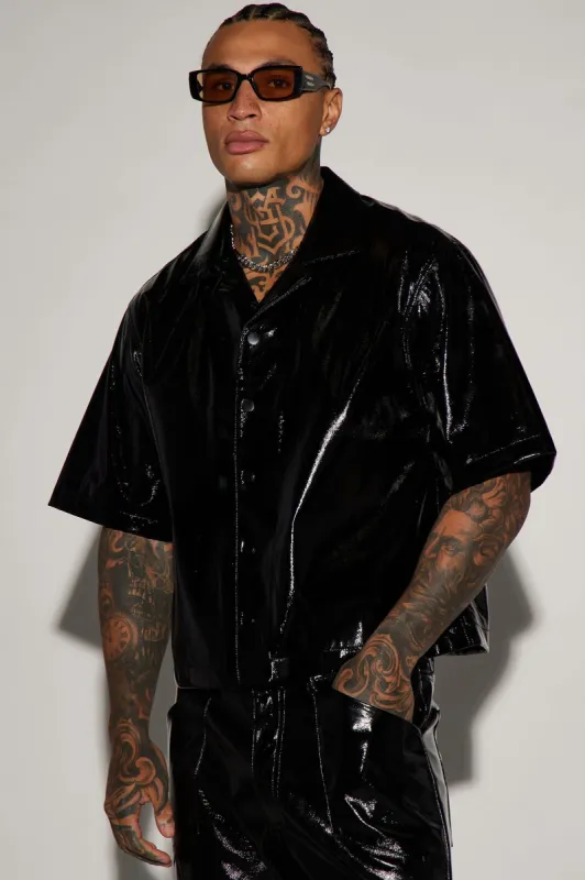 Da Baddie Faux Leather Cropped Button Up Shirt - Black sold by Fashion Nova