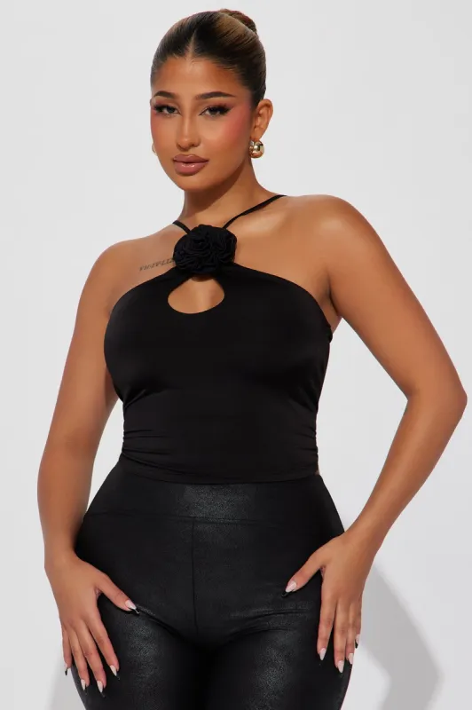Ria Rosette Halter Top - Black sold by Fashion Nova