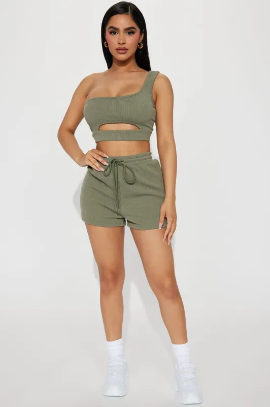 Hannah One Shoulder Short Set - Olive sold by Fashion Nova