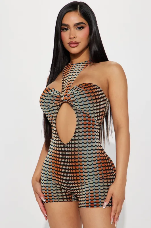 Miami Life Mesh Romper - Brown/combo sold by Fashion Nova