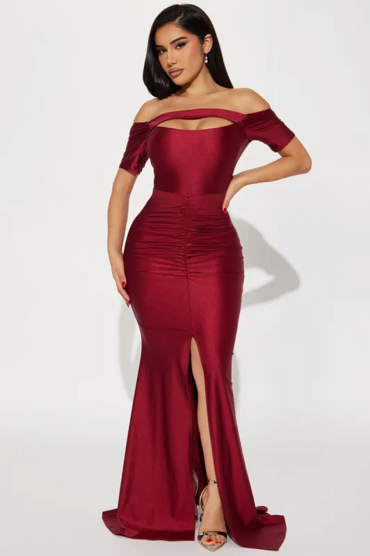 Gema Ruched Gown - Burgundy sold by Fashion Nova