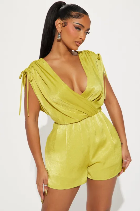 Make Me Happy Satin Romper - Chartreuse sold by Fashion Nova