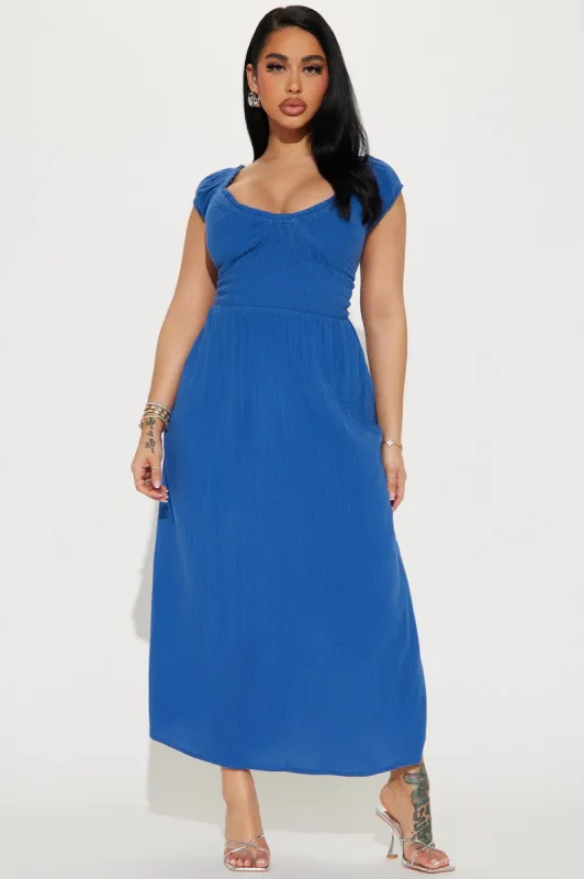 Leah Gauze Maxi Dress - Blue sold by Fashion Nova