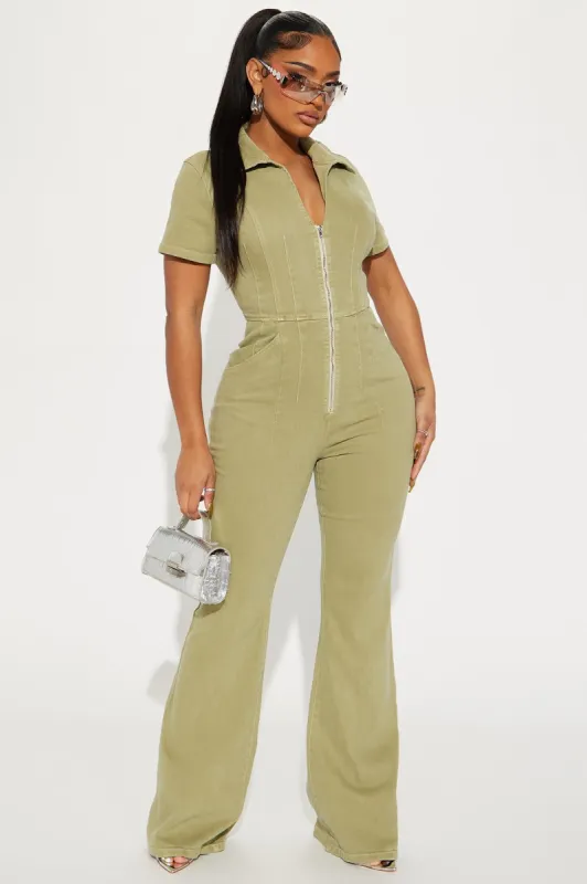 Can't Be Tamed Denim Jumpsuit - Olive sold by Fashion Nova