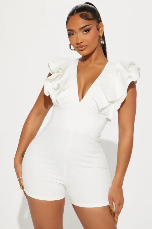 Can't Deny This Denim Romper - White sold by Fashion Nova