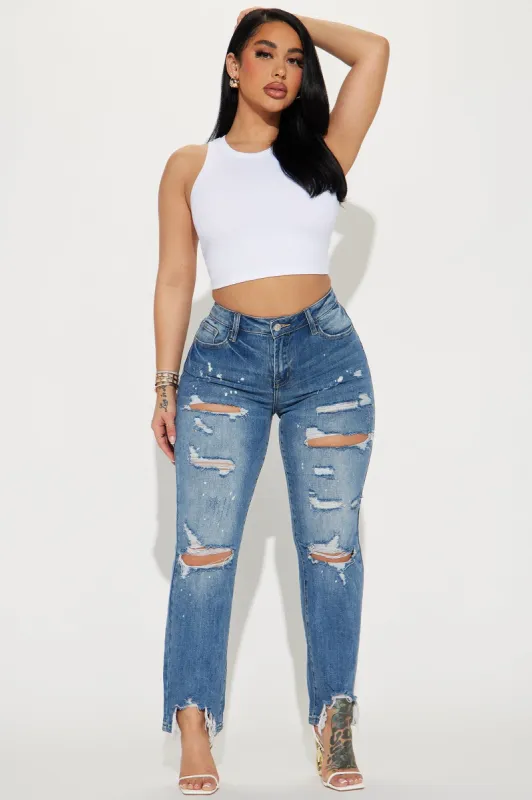 Spilling Tea Stretch Ripped Straight Leg Jeans - Medium Wash sold by Fashion Nova