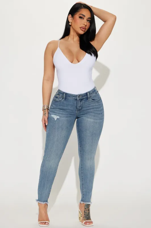 Broken Record Cropped Stretch Skinny Jeans - Medium Wash sold by Fashion Nova
