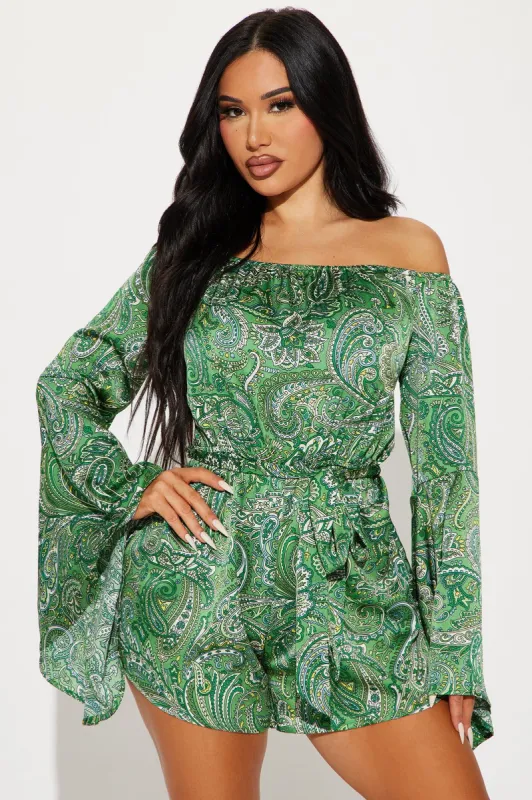 Forever Vacation Romper - Green/combo sold by Fashion Nova