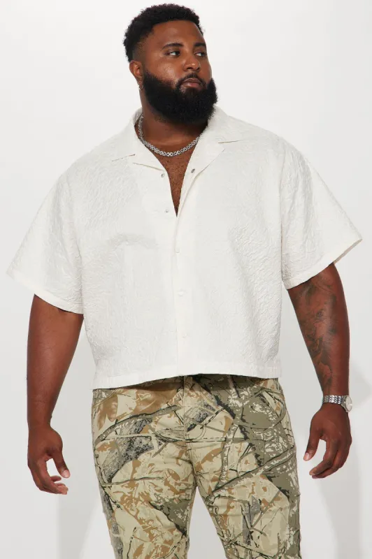 Indio Textured Nylon Cropped Button Up Shirt - White sold by Fashion Nova