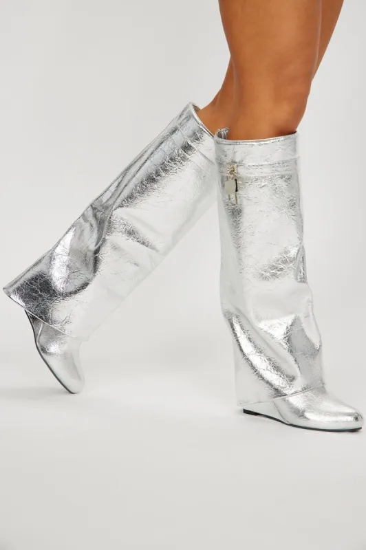 Ultimate Flirt Overlay Boots - Silver sold by Fashion Nova