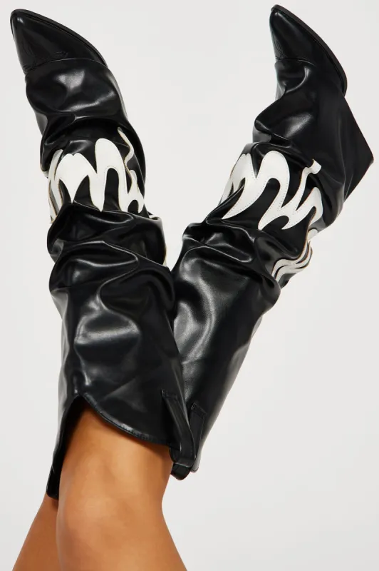 Fire Flames Knee High Boots - Black sold by Fashion Nova