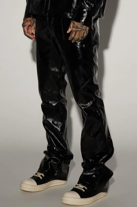 Da Baddie Faux Leather Stacked Slim Flare Pants - Black sold by Fashion Nova