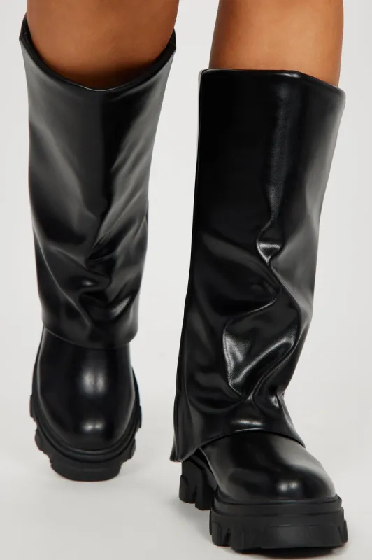 Showing Up Overlay Boots - Black sold by Fashion Nova