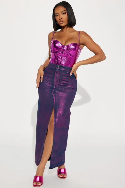Rain On Me Metallic Denim Maxi Skirt - Purple sold by Fashion Nova