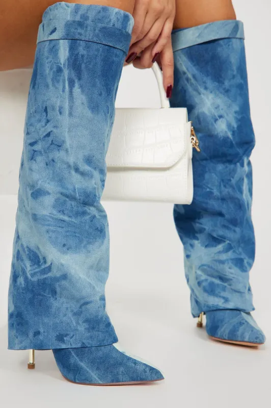 Natalia Overlay Knee High Boots - Denim sold by Fashion Nova