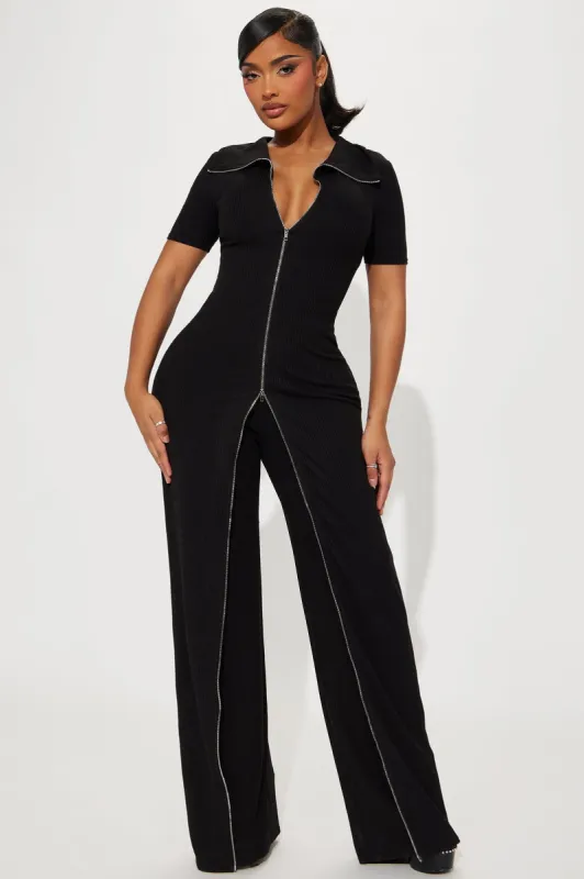 Sort Through It Short Sleeve Jumpsuit - Black sold by Fashion Nova