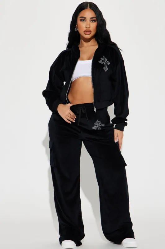 Saint Rhinestone Velour Pant Set - Black sold by Fashion Nova