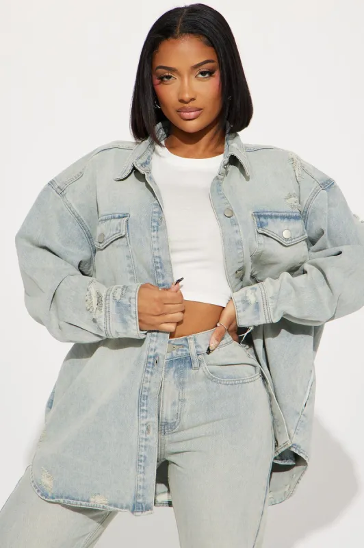 Far Away Tinted Denim Shacket - Light Wash sold by Fashion Nova
