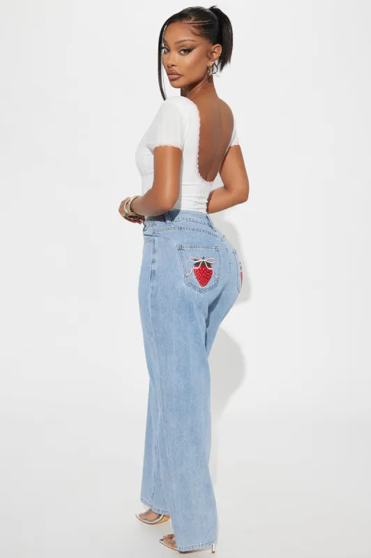 Berry Sweet Embroidered Non Stretch Straight Leg Jeans - Light Wash sold by Fashion Nova