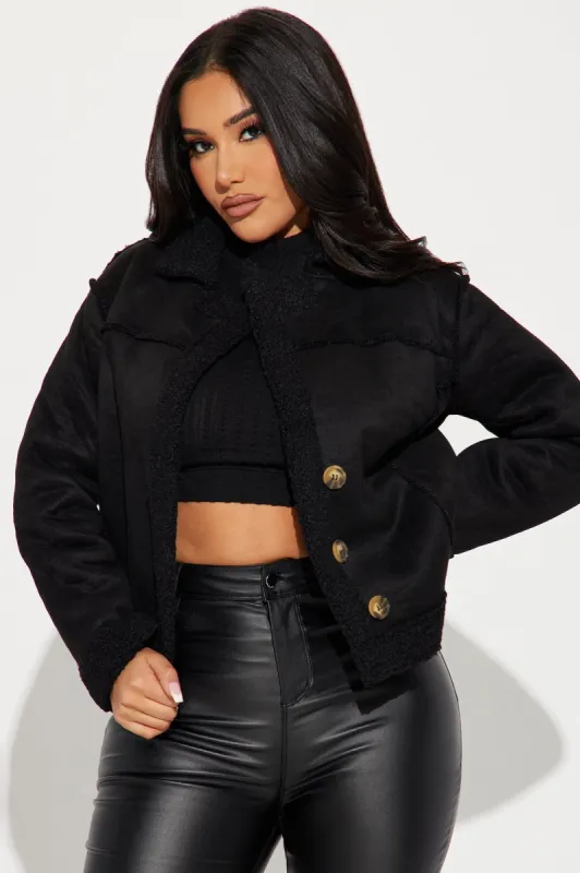 Camp Grounds Sherpa Coat - Black sold by Fashion Nova