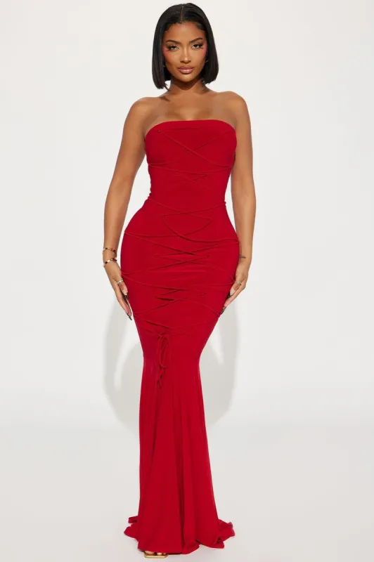 Karol Lace Up Maxi Dress - Red sold by Fashion Nova