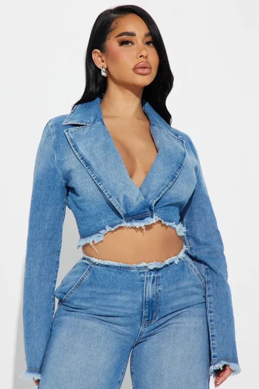 It's Just Business Cropped Denim Blazer - Medium Wash sold by Fashion Nova