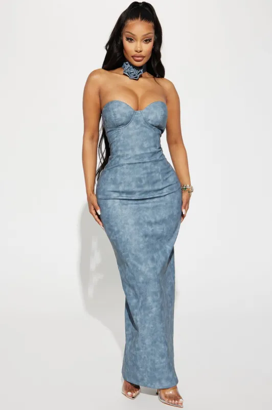 Amber Faux Leather Maxi Dress - Dusty Blue sold by Fashion Nova