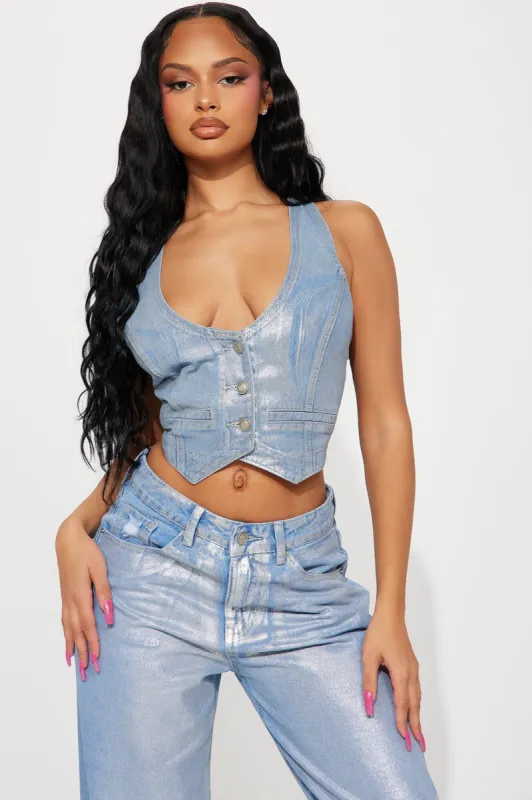 Freja Foil Denim Vest - Light Wash sold by Fashion Nova